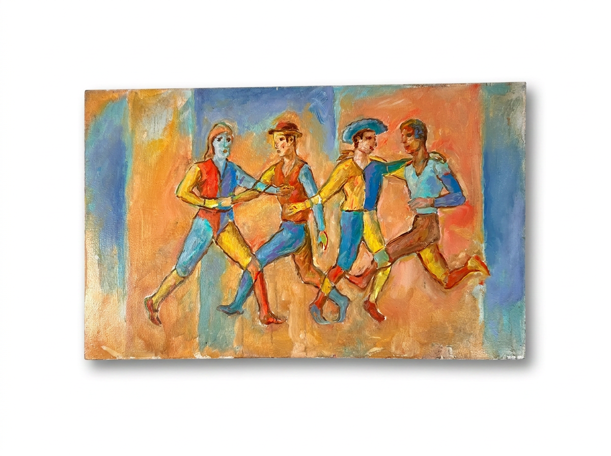A colorful abstract painting of four stylized figures running or dancing, shown as a rectangular canvas against a plain white background.
