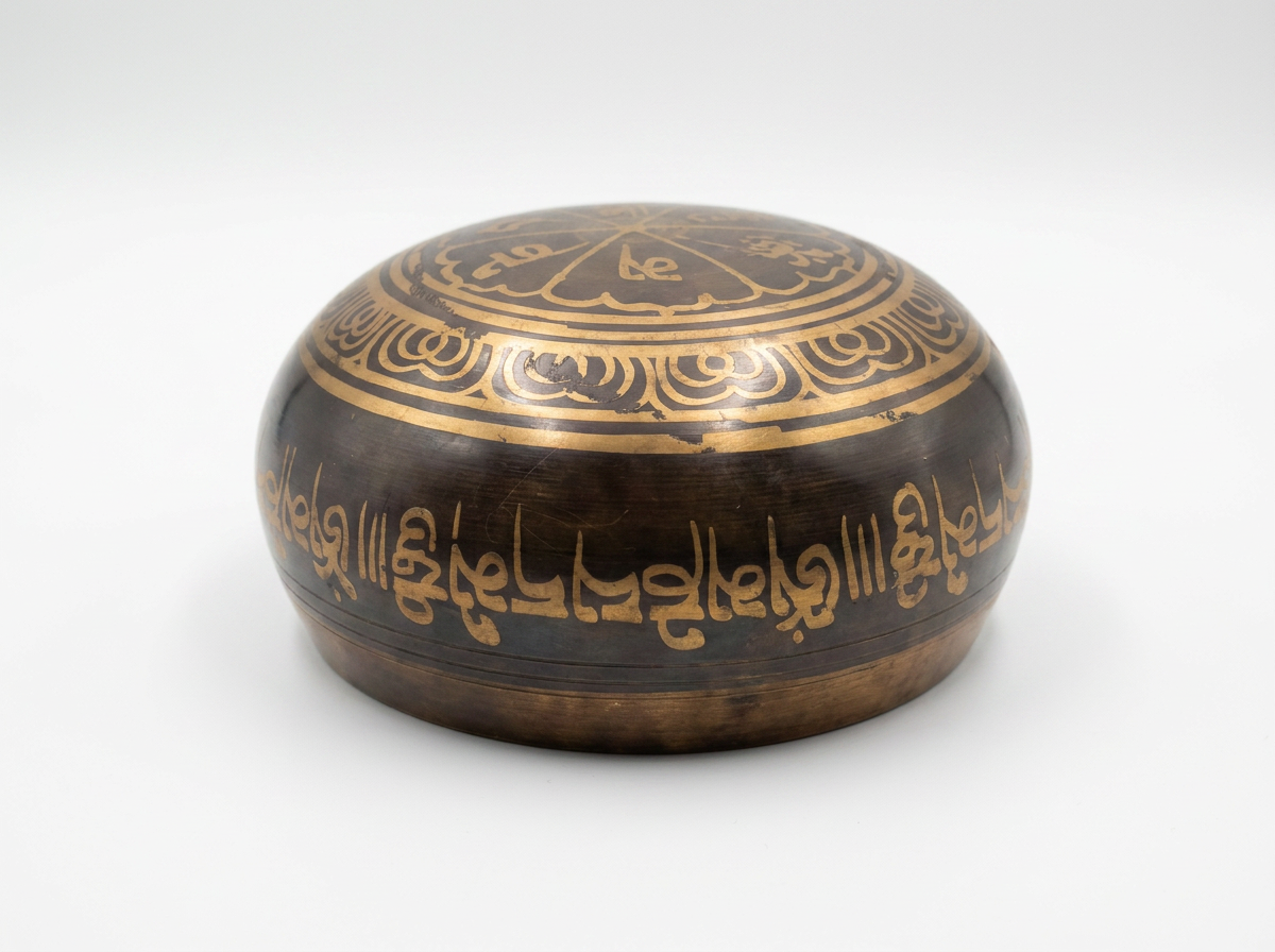 A small oval wooden box with a dark brown finish and gold calligraphy, photographed on a light gray background.
