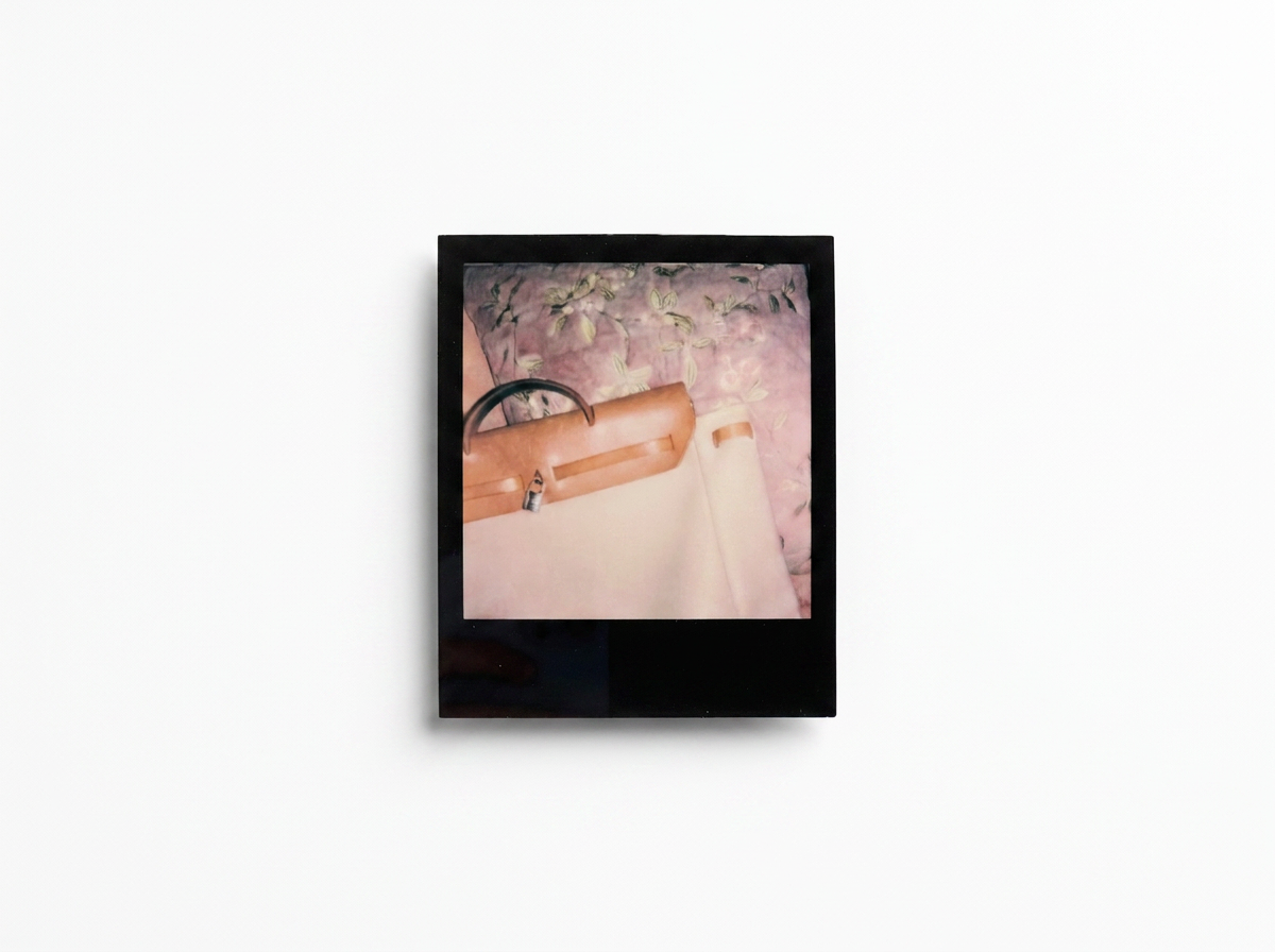 A square black-framed art print or photograph hanging on a white wall, showing a soft-focus pink and beige scene with a tan handbag and pale fabric.