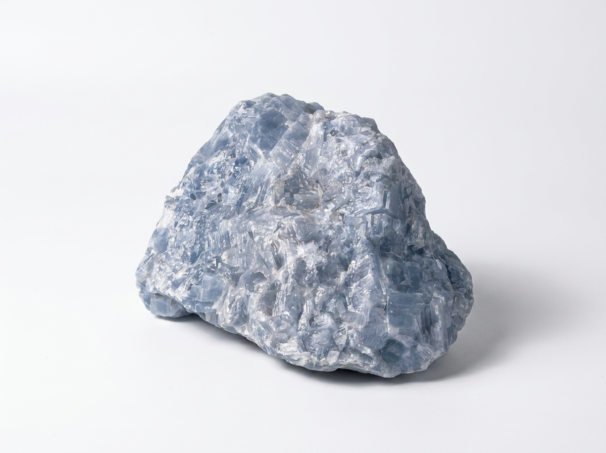 A rough, unpolished blue crystal specimen with a textured surface, photographed on a seamless white studio background.