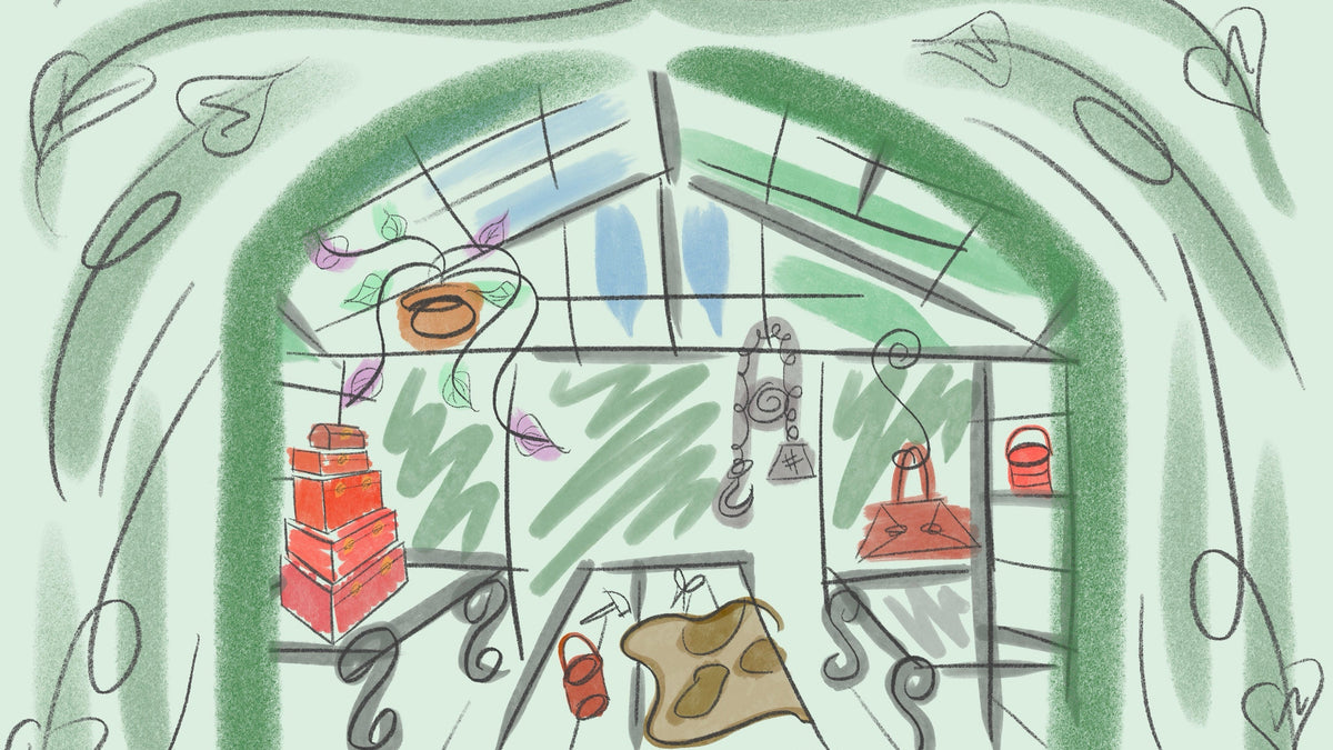 A whimsical hand-drawn illustration of a greenhouse or conservatory interior with shelves, hanging planters, red pots, and a central table holding a brown animal pelt, all rendered in green, black, and red sketch lines on a pale mint background.