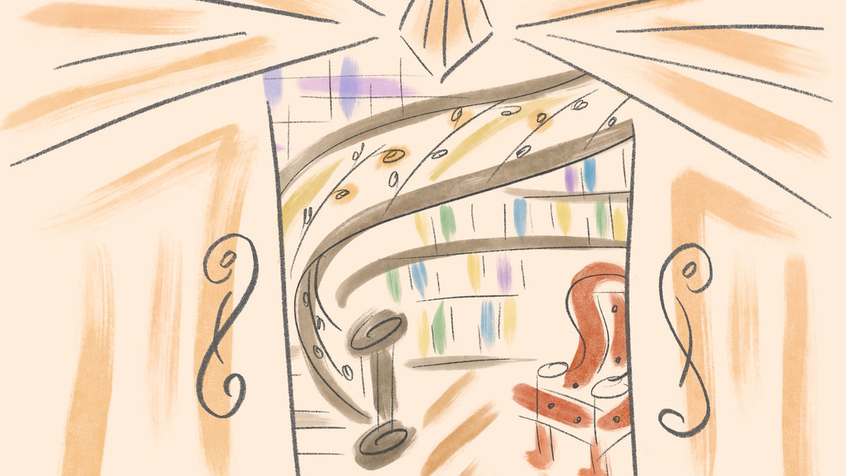 A stylized illustration of a grand piano in a concert hall, rendered in warm beige, brown, and orange tones with small multicolored accents in the background.