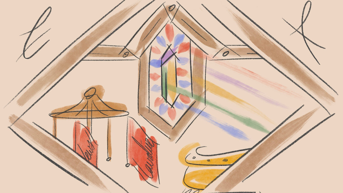 A stylized hand-drawn illustration showing a room interior with a colorful stained-glass-like window, hanging red garments, a yellow chair, and abstract architectural lines on a beige background.