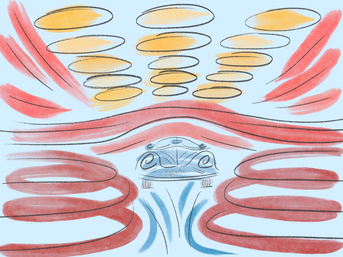 A stylized abstract artwork showing a small blue car-like figure at the center, surrounded by red sweeping lines and rows of yellow oval shapes on a pale blue background.