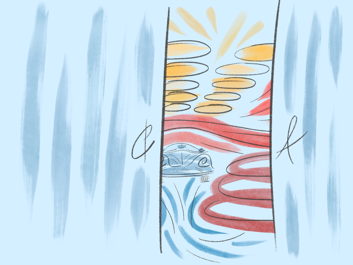 A stylized illustration of a tall, narrow central scene with blue vertical brushstrokes around it. Inside the center, there is a small blue boat-like form above red and blue wavy lines, with yellow oval shapes and radiating yellow lines near the top.