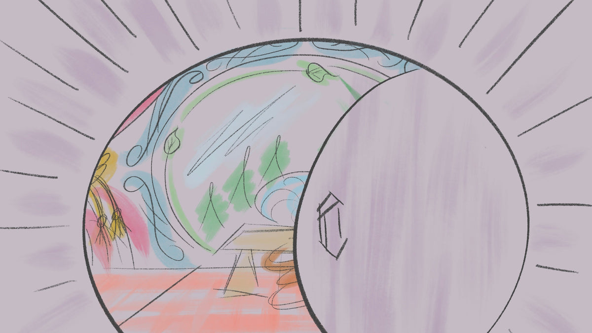 A pastel sketch-style illustration showing a round door or window opening into a colorful interior scene with abstract shapes and lines on a pale lavender background.