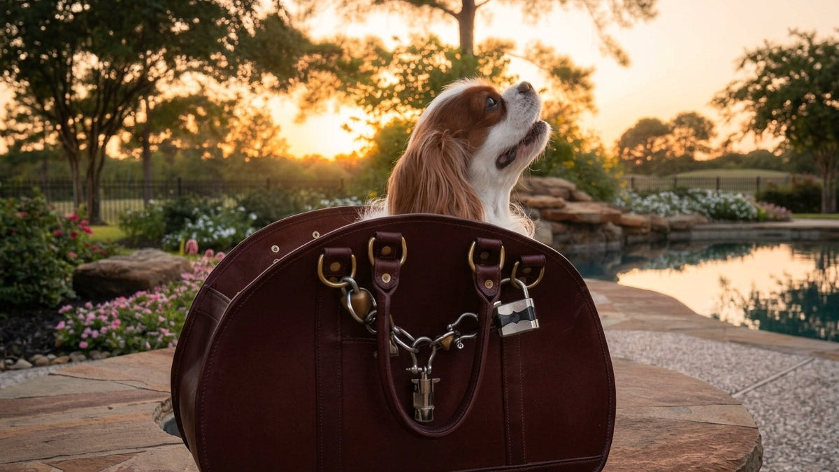 A brown leather dog travel bag sits on a stone table outdoors at sunset, with a Cavalier King Charles Spaniel dog peeking out from the top. The bag features gold-tone hardware, a padlock, and a handle, set against a background of a pool and trees.