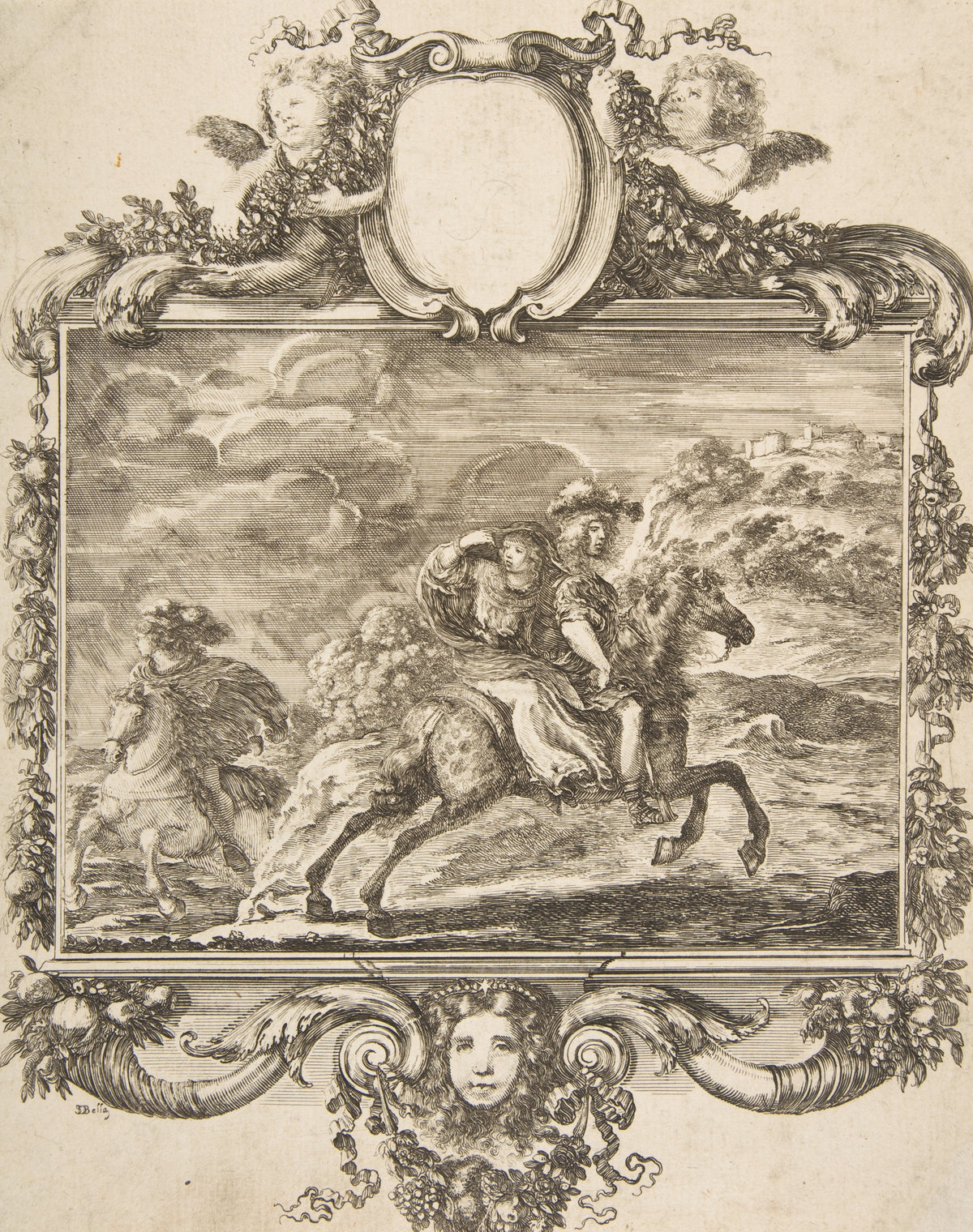 Decorative print with a scene of a person on a horse and a woman, framed by ornate elements.