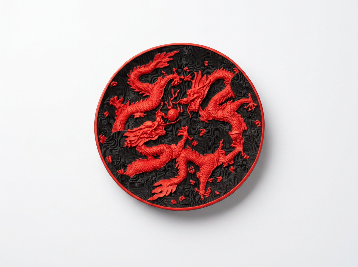 A round black and red decorative wall piece featuring raised red dragons on a textured black background, photographed against a clean white studio backdrop.