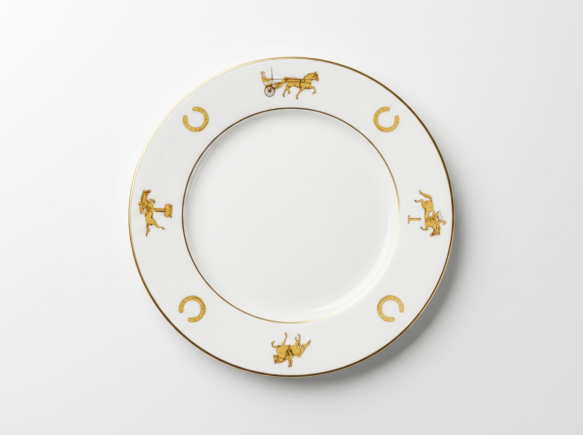A white ceramic plate with a gold rim, decorated with gold horse and carriage motifs and gold horseshoes, shown on a clean white background.