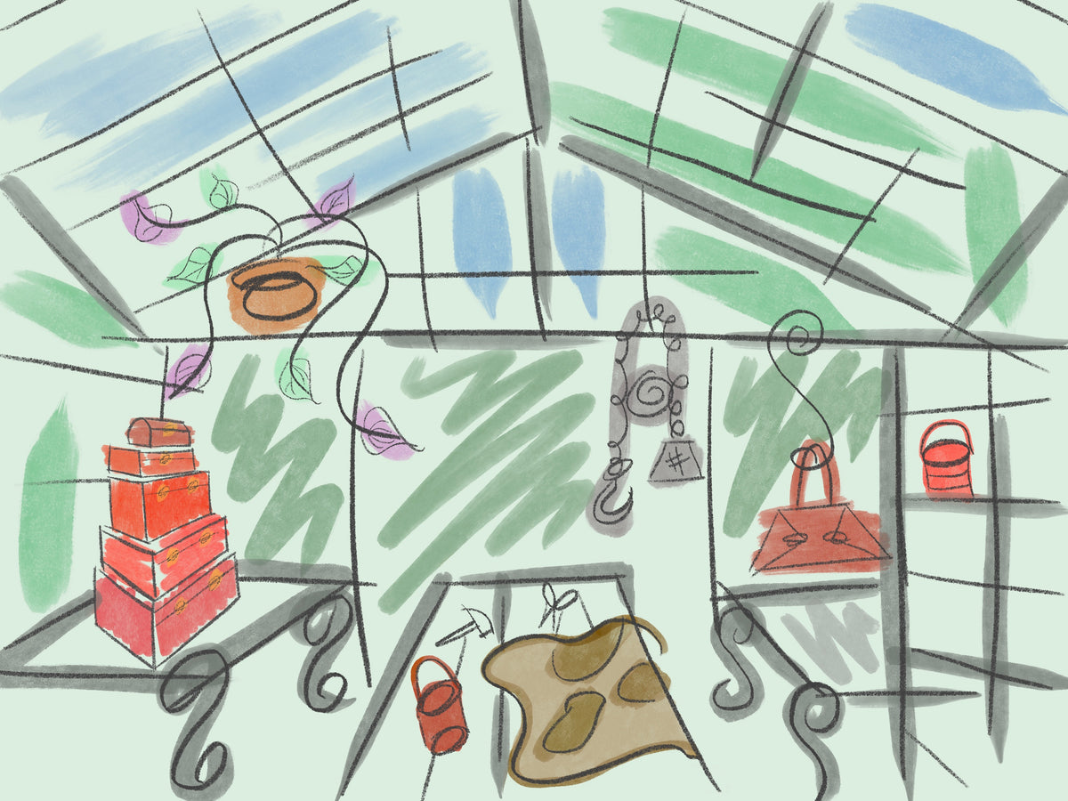 A hand-drawn, sketch-style illustration of a shop interior with shelves, hanging items, stacked red boxes, a brown bag, and green and blue abstract background shapes.