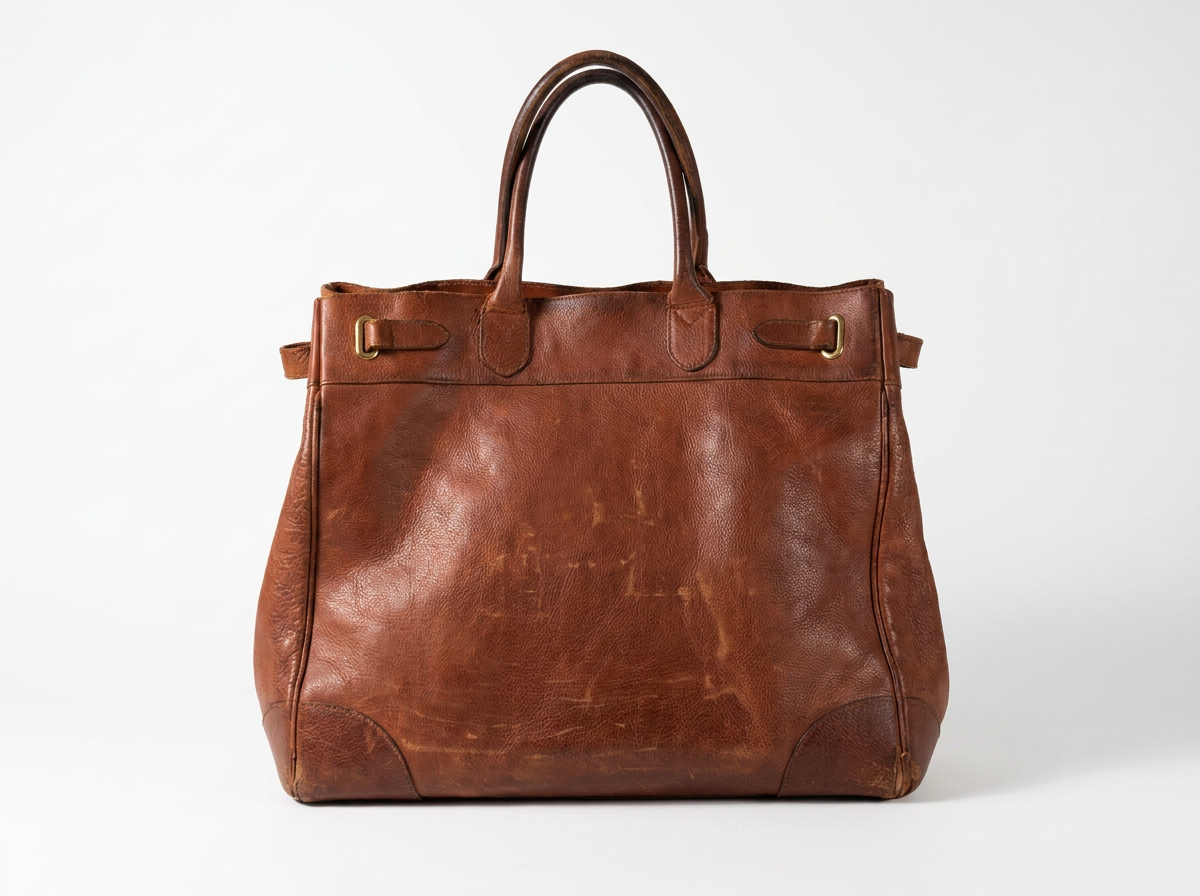 A brown leather tote bag with distressed texture, dual top handles, and brass-tone hardware, photographed against a clean white studio background.