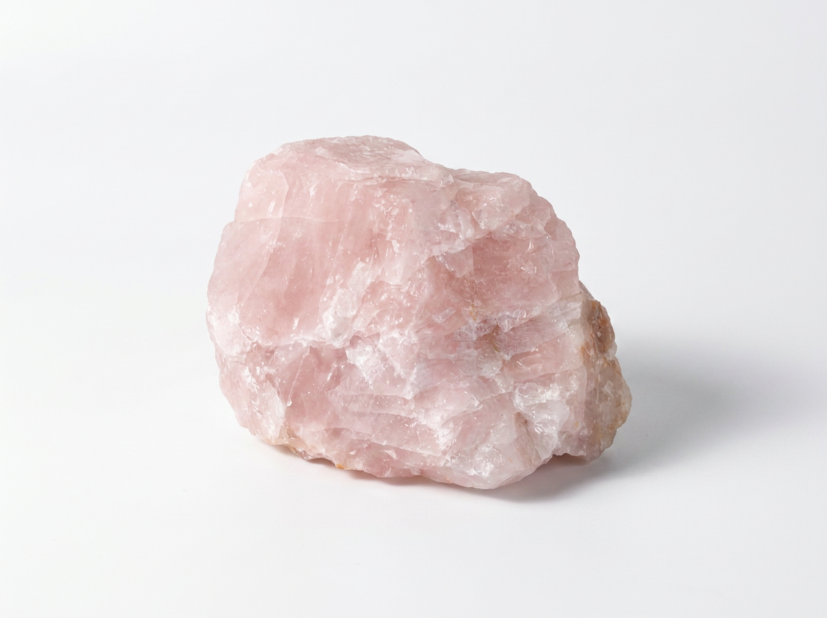 A raw pink rose quartz crystal with natural rough edges, photographed on a clean white background.